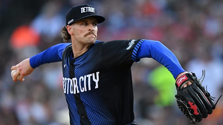 Jun 27, 2025; Detroit, Michigan, USA; Detroit Tigers starting pitcher Sawyer Gipson-Long (66) throws a pitch against the Minnesota Twins in the first inning at Comerica Park. Mandatory Credit: Lon Horwedel-Imagn Images