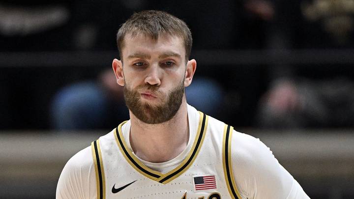 Feb 7, 2026; West Lafayette, Indiana, USA; Purdue Boilermakers guard Braden Smith (3) reacts after a call during the first half against the Oregon Ducks at Mackey Arena. Mandatory Credit: Marc Lebryk-Imagn Images