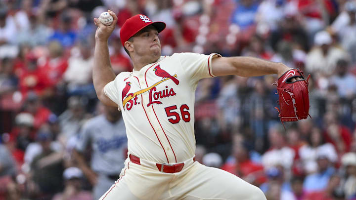 Jun 7, 2025; St. Louis, Missouri, USA; St. Louis Cardinals relief pitcher Ryan Helsley (56) pitches against the Los Angeles Dodgers during the ninth inning at Busch Stadium. Mandatory Credit: Jeff Curry-Imagn Images Jun 7, 2025; St. Louis, Missouri, USA; St. Louis Cardinals relief pitcher Ryan Helsley (56) pitches against the Los Angeles Dodgers during the ninth inning at Busch Stadium. Mandatory Credit: Jeff Curry-Imagn Images
