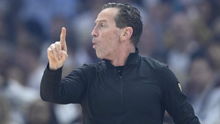 May 6, 2025; Cleveland, Ohio, USA; Cleveland Cavaliers head coach Kenny Atkinson reacts in the first quarter against the Indiana Pacers during game two of the second round of the 2025 NBA Playoffs at Rocket Arena. Mandatory Credit: David Richard-Imagn Images