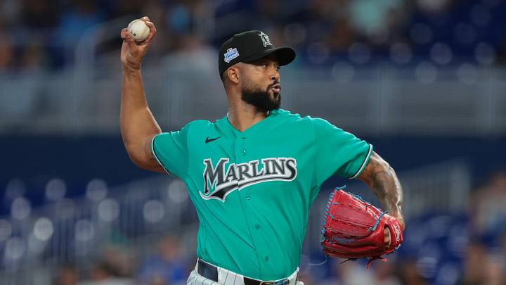 Jun 7, 2026; Miami, Florida, USA; Miami Marlins starting pitcher Sandy Alcantara (22) delivers a pitch against the Tampa Bay Rays during the first inning at loanDepot Park. Mandatory Credit: Sam Navarro-Imagn Images