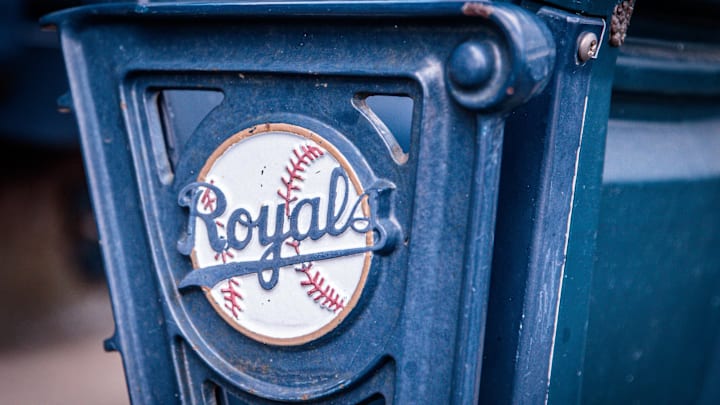 Apr 16, 2023; Kansas City, Missouri, USA; Logo on stadium seats prior to the game between the Kansas City Royals and the Atlanta Braves at Kauffman Stadium. Mandatory Credit: William Purnell-Imagn Images