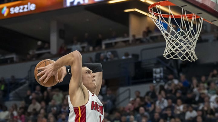 Nov 10, 2024; Minneapolis, Minnesota, USA; Miami Heat guard Tyler Herro (14) drives to the basket and dunks the ball against the Minnesota Timberwolves in the second half at Target Center. Mandatory Credit: Jesse Johnson-Imagn Images Nov 10, 2024; Minneapolis, Minnesota, USA; Miami Heat guard Tyler Herro (14) drives to the basket and dunks the ball against the Minnesota Timberwolves in the second half at Target Center. Mandatory Credit: Jesse Johnson-Imagn Images