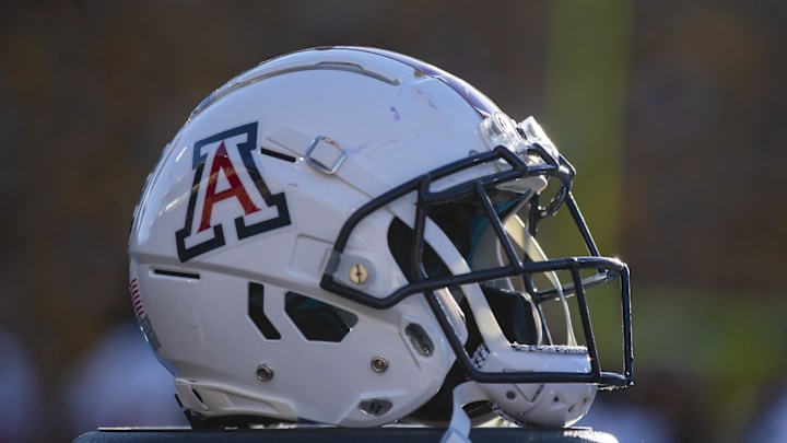 Nov 27, 2021; Tempe, Arizona, USA; Detailed view of an Arizona Wildcats helmet during the Territorial Cup at Sun Devil Stadium. Mandatory Credit: Mark J. Rebilas-Imagn Images