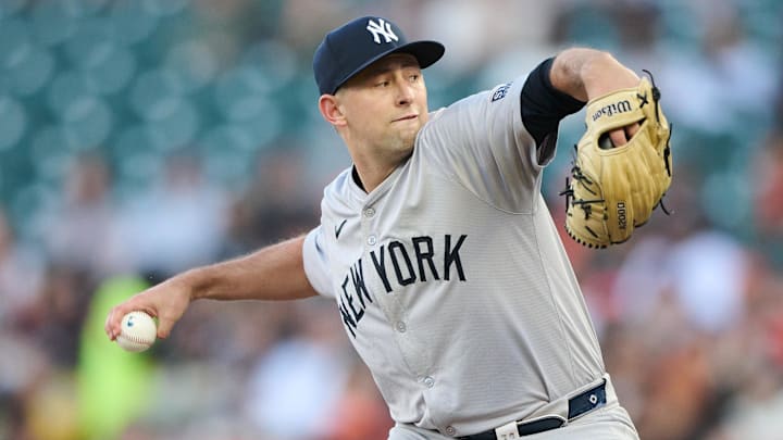Jun 1, 2024; San Francisco, California, USA; New York Yankees starting pitcher Cody Poteet (72) throws a pitch against the San Francisco Giants during the first inning at Oracle Park. Mandatory Credit: Robert Edwards-Imagn Images