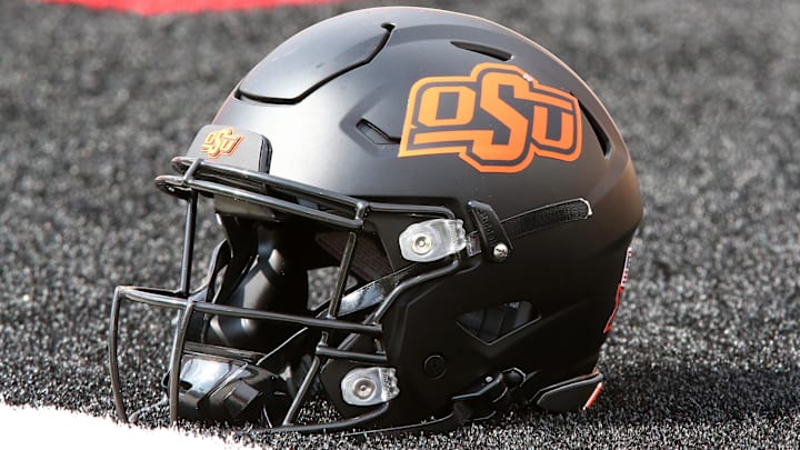 A general view of an Oklahoma State Cowboys helmet.
