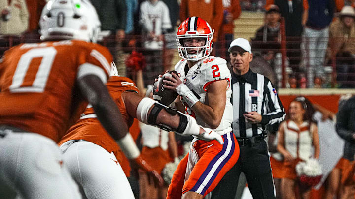Clemson quarterback Cade Klubnik (2) throws a pass during the game against the Texas Longhorns in the first round of the College Football Playoffs at Darrell K Royal-Texas Memorial Stadium on Saturday, Dec. 21, 2024.