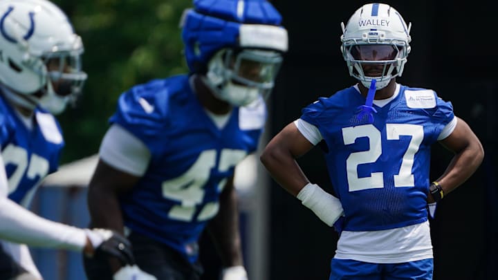 Indianapolis Colts cornerback Justin Walley (27) stands on the field Tuesday, June 10, 2025, during NFL Colts mandatory mini camp at the Indiana Farm Bureau Football Center in Indianapolis.