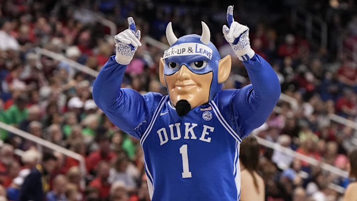 Mar 8, 2024; Greensboro, NC, USA; Duke Blue Devils mascot Blue Devil entertains the crowd in the second half against the NC State Wolfpack at Greensboro Coliseum. Mandatory Credit: David Yeazell-USA TODAY  