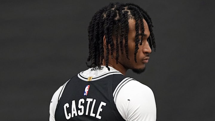 Sep 30, 2024; San Antonio, TX, USA; San Antonio Spurs Stephon Castle (5) photos for photos during Media day at Victory Capital Performance Center in San Antonio.