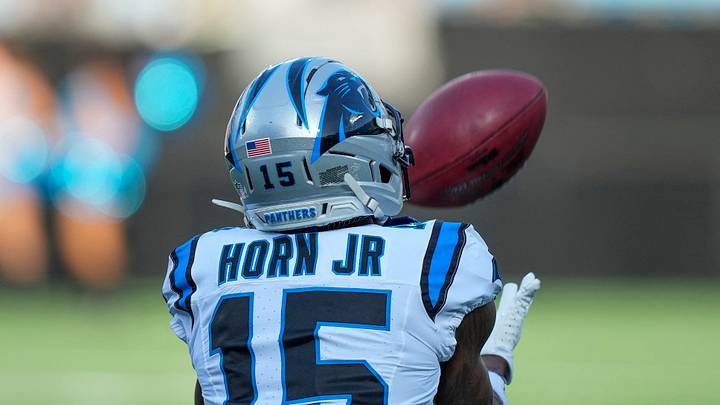 Carolina Panthers wide receiver Jimmy Horn Jr. (15) makes a catch during Fanfest Carolina Panthers wide receiver Jimmy Horn Jr. (15) makes a catch during Fanfest