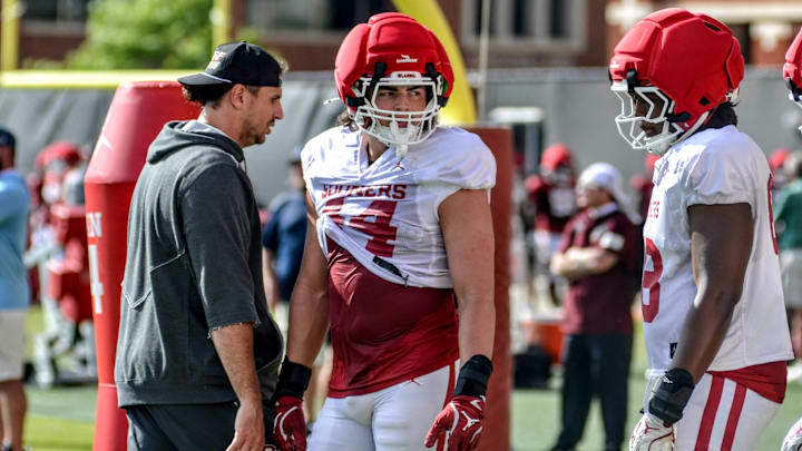 Defensive end Taylor Wein waits to participate in a drill at one of Oklahoma's spring practices.