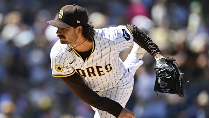 Sep 24, 2025; San Diego, California, USA; San Diego Padres starting pitcher Dylan Cease (84) delivers during the second inning against the Milwaukee Brewers at Petco Park. Mandatory Credit: Denis Poroy-Imagn Images