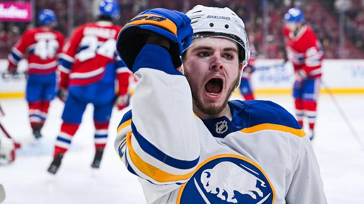 May 16, 2026; Montreal, Quebec, CAN; Buffalo Sabres left wing Zach Benson (6) reacts after scoring a goal against the Montreal Canadiens during the second period in game six of the second round of the 2026 Stanley Cup Playoffs at Bell Centre. Mandatory Credit: David Kirouac-Imagn Images