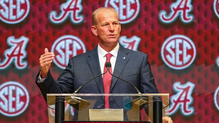 Jul 16, 2025; Atlanta, GA, USA; University of Alabama head coach Kalen Deboer talks to the media during the SEC Media Days at Omni Atlanta Hotel. 