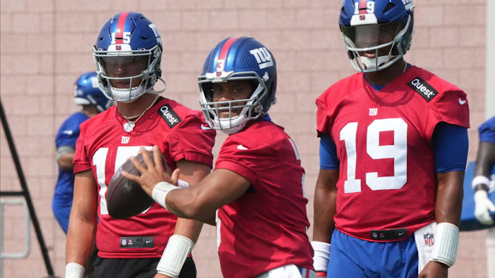 East Rutherford, NJ -- June 5, 2025 -- Quarterbacks, JTommy DeVito, Russell Wilson and Jameis Winston as the New York Giants players participate in their 2025 OTAÕs at the Quest Diagnostic Giants Training Center in East Rutherford.