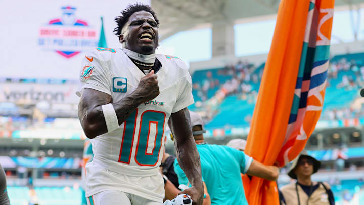 Sep 8, 2024; Miami Gardens, Florida, USA; Miami Dolphins wide receiver Tyreek Hill (10) reacts after the game against the Jacksonville Jaguars at Hard Rock Stadium. Mandatory Credit: Sam Navarro-Imagn Images Sep 8, 2024; Miami Gardens, Florida, USA; Miami Dolphins wide receiver Tyreek Hill (10) reacts after the game against the Jacksonville Jaguars at Hard Rock Stadium. Mandatory Credit: Sam Navarro-Imagn Images