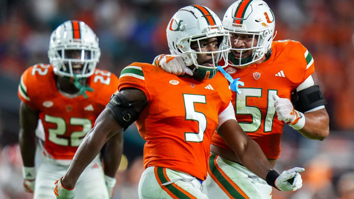 Oct 21, 2023; Miami Gardens, Florida, USA; Miami Hurricanes safety Kamren Kinchens (5) celebrates