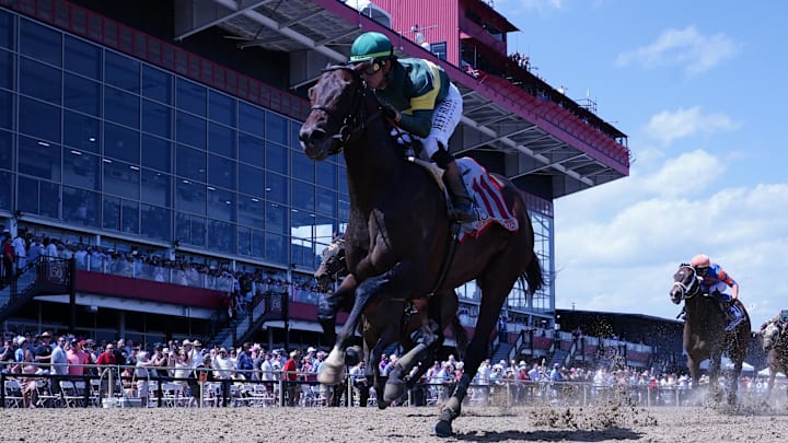 May 17, 2025; Baltimore, Maryland, USA; Retribution (11) with Irad Ortiz Jr. up wins the race 8 - the Chick Lang Stakes at Pimlico Race Course in Baltimore, MD. 