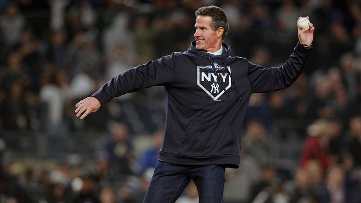 Oct 17, 2019: New York Yankees former player Paul O'Neill throws out a ceremonial first pitch before game four of the 2019 ALCS playoff baseball series between the New York Yankees and the Houston Astros at Yankee Stadium. 
