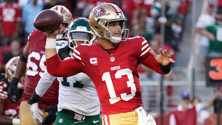 Sep 9, 2024; Santa Clara, California, USA; San Francisco 49ers quarterback Brock Purdy (13) prepares to pass in the second quarter against the New York Jets at Levi's Stadium. Mandatory Credit: David Gonzales-Imagn Images