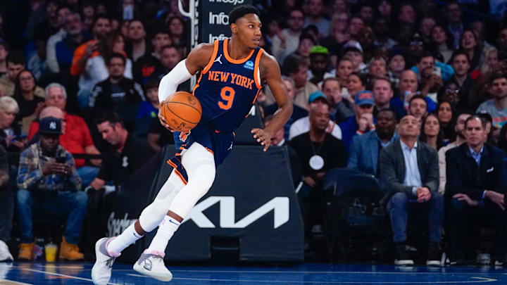 Nov 6, 2023; New York, New York, USA;  New York Knicks shooting guard RJ Barrett (9) dribbles the