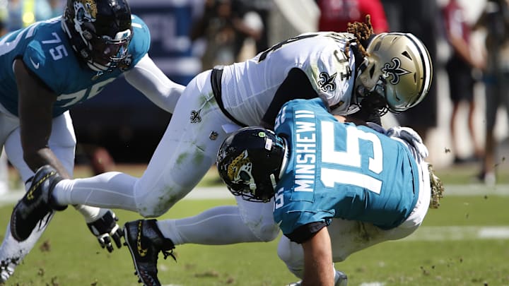 Oct 13, 2019; Jacksonville, FL, USA; New Orleans Saints defensive end Cameron Jordan (94) sacks Jacksonville Jaguars quarterback Gardner Minshew (15) during the second quarter at TIAA Bank Field. Mandatory Credit: Reinhold Matay-Imagn Images Oct 13, 2019; Jacksonville, FL, USA; New Orleans Saints defensive end Cameron Jordan (94) sacks Jacksonville Jaguars quarterback Gardner Minshew (15) during the second quarter at TIAA Bank Field. Mandatory Credit: Reinhold Matay-Imagn Images