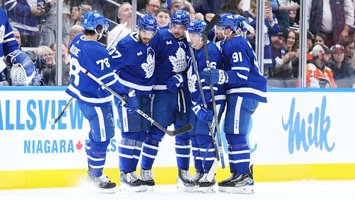 Feb 15, 2024; Toronto, Ontario, CAN; Toronto Maple Leafs center Auston Matthews (34) scores his