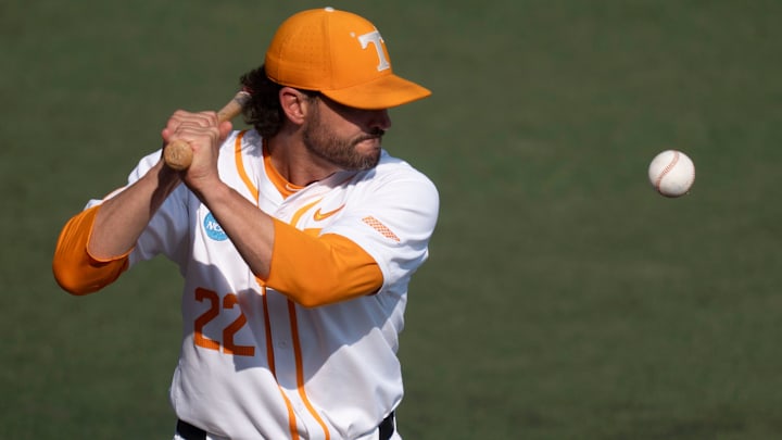 Tennessee baseball coach Tony Vitello hits balls to his players as they warm up before the start of the NCAA college baseball Knoxville Regional against Wake Forest on June 2, 2025, in Knoxville, Tenn. Tennessee baseball coach Tony Vitello hits balls to his players as they warm up before the start of the NCAA college baseball Knoxville Regional against Wake Forest on June 2, 2025, in Knoxville, Tenn.