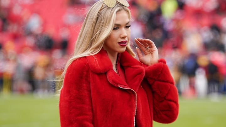 Gracie Hunt on field prior to a game between the Kansas City Chiefs and Las Vegas Raiders at GEHA Field at Arrowhead Stadium.