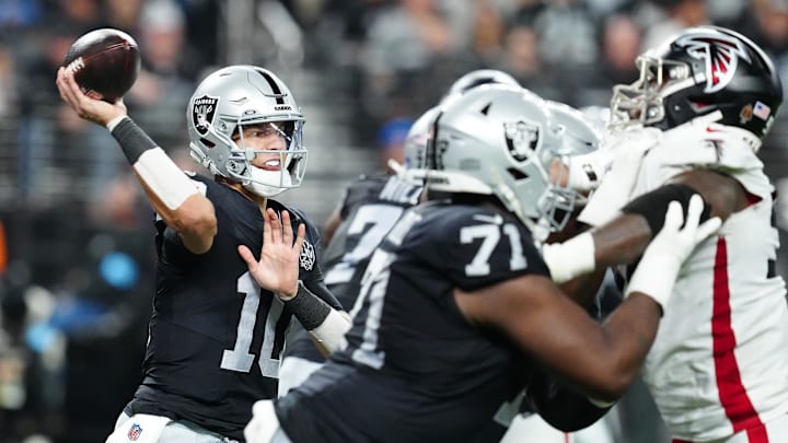 Dec 16, 2024; Paradise, Nevada, USA; Las Vegas Raiders quarterback Desmond Ridder (10) attempts a pass against the Atlanta Falcons during the second quarter at Allegiant Stadium. Mandatory Credit: Stephen R. Sylvanie-Imagn Images Dec 16, 2024; Paradise, Nevada, USA; Las Vegas Raiders quarterback Desmond Ridder (10) attempts a pass against the Atlanta Falcons during the second quarter at Allegiant Stadium. Mandatory Credit: Stephen R. Sylvanie-Imagn Images