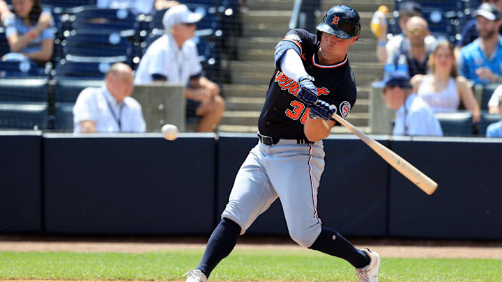 Mar 15, 2026; Tampa, Florida, USA;  Detroit Tigers designated hitter Kerry Carpenter (30) singles during the first inning against the New York Yankees at George M. Steinbrenner Field. Mandatory Credit: Kim Klement Neitzel-Imagn Images