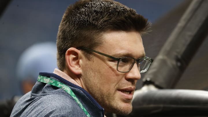 Oct 6, 2021; Tampa, Florida, USA; Tampa Bay Rays president Erik Neander during the ALDS workout day against the Boston Red Sox at Tropicana Field. Oct 6, 2021; Tampa, Florida, USA; Tampa Bay Rays president Erik Neander during the ALDS workout day against the Boston Red Sox at Tropicana Field.