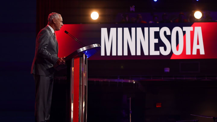Jul 13, 2025; Atlanta, GA, USA; MLB Commissioner Rob Manfred announces the pick for the Minnesota Twins during the MLB Draft at The Coca-Cola Roxy. Mandatory Credit: Brett Davis-Imagn Images