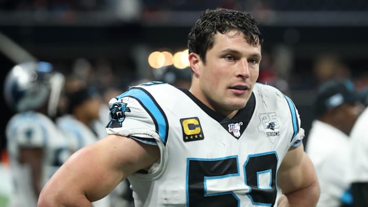 Dec 8, 2019; Atlanta, GA, USA; Carolina Panthers middle linebacker Luke Kuechly (59) reacts after a play in the fourth quarter against the Atlanta Falcons at Mercedes-Benz Stadium. Mandatory Credit: Jason Getz-Imagn Images Dec 8, 2019; Atlanta, GA, USA; Carolina Panthers middle linebacker Luke Kuechly (59) reacts after a play in the fourth quarter against the Atlanta Falcons at Mercedes-Benz Stadium. Mandatory Credit: Jason Getz-Imagn Images