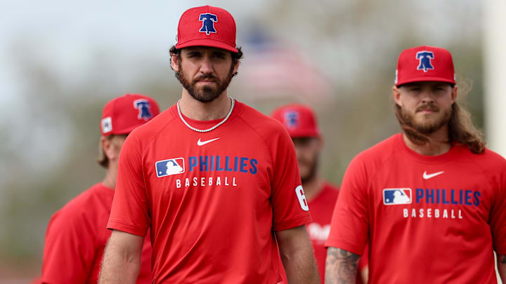 Feb 19, 2025; Clearwater, FL, USA;  Philadelphia Phillies pitcher Jordan Romano (68) participates in spring training workouts at BayCare Ballpark. 