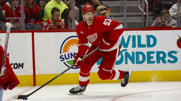 Oct 27, 2024; Detroit, Michigan, USA; Detroit Red Wings defenseman Moritz Seider (53) handles the puck during the first period of the game against the Edmonton Oilers at Little Caesars Arena. Mandatory Credit: Brian Bradshaw Sevald-Imagn Images