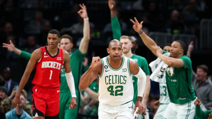 Dec 27, 2022; Boston, Massachusetts, USA; Boston Celtics center Al Horford (42) reacts during the first half against the Houston Rockets at TD Garden. Mandatory Credit: Paul Rutherford-Imagn Images Dec 27, 2022; Boston, Massachusetts, USA; Boston Celtics center Al Horford (42) reacts during the first half against the Houston Rockets at TD Garden. Mandatory Credit: Paul Rutherford-Imagn Images