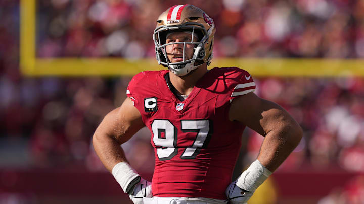 Oct 6, 2024; Santa Clara, California, USA; San Francisco 49ers defensive end Nick Bosa (97) during the fourth quarter against the Arizona Cardinals at Levi's Stadium. Mandatory Credit: Darren Yamashita-Imagn Images Oct 6, 2024; Santa Clara, California, USA; San Francisco 49ers defensive end Nick Bosa (97) during the fourth quarter against the Arizona Cardinals at Levi's Stadium. Mandatory Credit: Darren Yamashita-Imagn Images