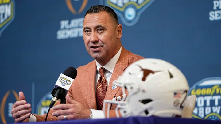 Texas Longhorns head coach Steve Sarkisian speaks during a press conference at AT&T Stadium prior to the College Football Playoff semifinal at the Cotton Bowl Classic in Arlington, Texas on Jan. 9, 2025. Texas Longhorns head coach Steve Sarkisian speaks during a press conference at AT&T Stadium prior to the College Football Playoff semifinal at the Cotton Bowl Classic in Arlington, Texas on Jan. 9, 2025.