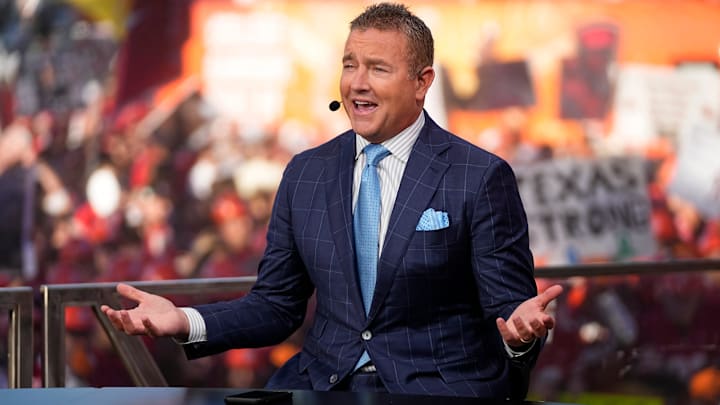 Kirk Herbstreit speaks on the set of ESPN College GameDay prior to the NCAA football game between the Ohio State Buckeyes and the Texas Longhorns at Ohio Stadium on Aug. 30, 2025.
