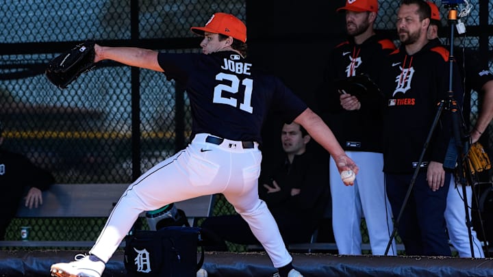 Detroit Tigers pitcher Jackson Jobe throws a pitch during spring training at TigerTown in Lakeland, Fla. on Monday, Feb. 17, 2025.