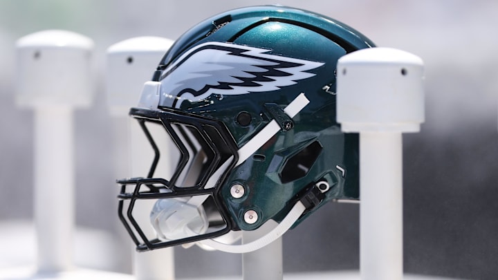 Aug 16, 2025; Philadelphia, Pennsylvania, USA; Philadelphia Eagles helmet on the bench during a game against the Cleveland Browns at Lincoln Financial Field. Mandatory Credit: Bill Streicher-Imagn Images
