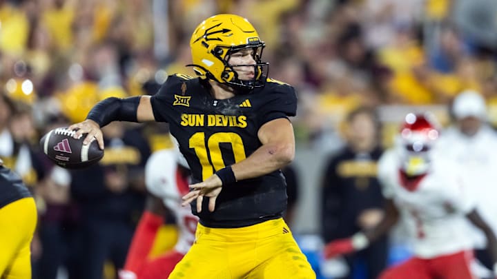 Oct 25, 2025; Tempe, Arizona, USA; Arizona State Sun Devils quarterback Sam Leavitt (10) against the Houston Cougars at Mountain America Stadium. Mandatory Credit: Mark J. Rebilas-Imagn Images