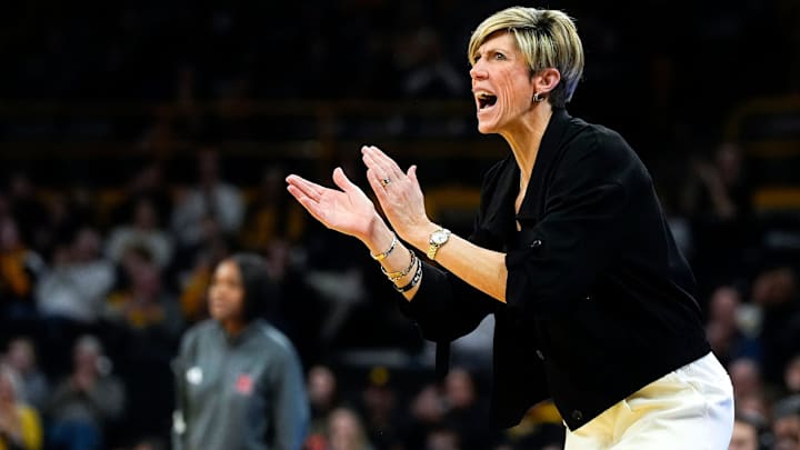 Iowa Hawkeyes head coach Jan Jensen reacts during a Big Ten women’s basketball game against the Rutgers Scarlet Knights Thursday, Feb. 13, 2025 at Carver-Hawkeye Arena in Iowa City, Iowa.