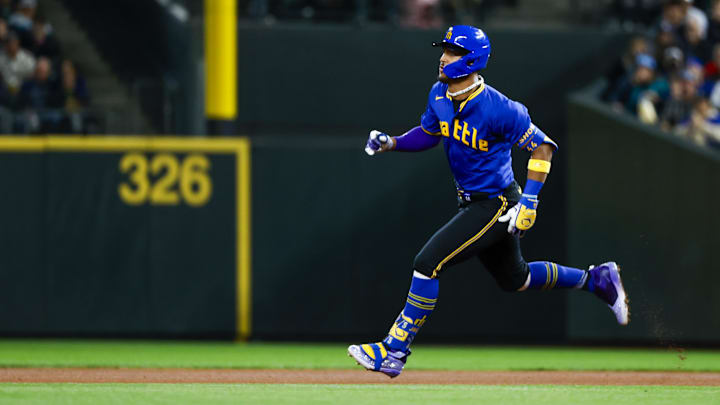 Seattle Mariners center fielder Julio Rodriguez (44) advances to second base for a double against the New York Yankees during the third inning at T-Mobile Park on Sept 17.