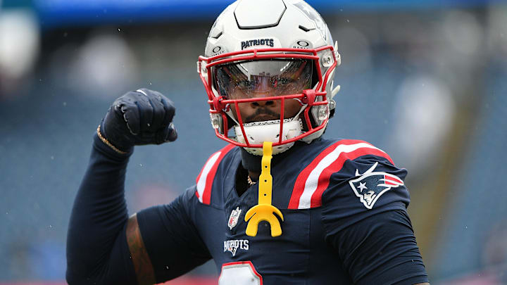 Sep 7, 2025; Foxborough, Massachusetts, USA; New England Patriots wide receiver Stefon Diggs (8) practices before the game against the Las Vegas Raiders at Gillette Stadium. Mandatory Credit: Bob DeChiara-Imagn Images
