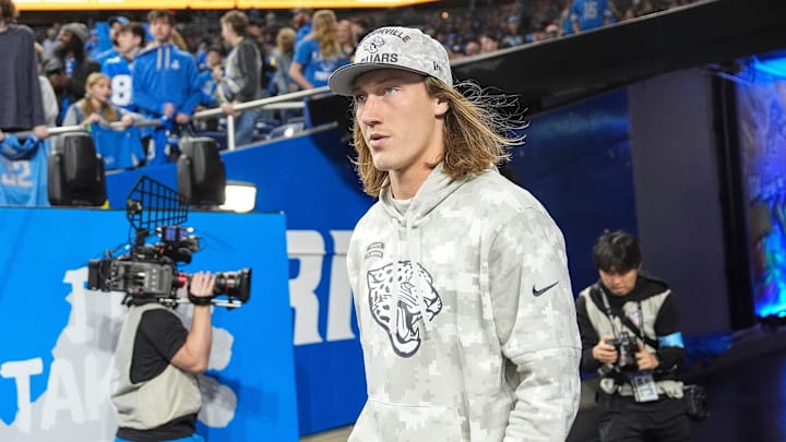 Jacksonville Jaguars quarterback Trevor Lawrence (16) takes the field for warm up before the game between Detroit Lions and Jacksonville Jaguars at Ford Field in Detroit on Sunday, Nov. 17, 2024.