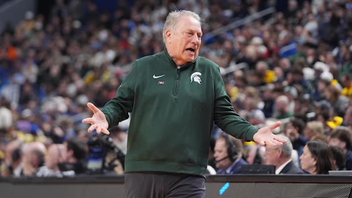 Mar 21, 2026; Buffalo, NY, USA; Michigan State Spartans head coach Tom Izzo reacts in the first half against the Louisville Cardinals during a second round game of the men's 2026 NCAA Tournament at Keybank Center. Mandatory Credit: Gregory Fisher-Imagn Images Mar 21, 2026; Buffalo, NY, USA; Michigan State Spartans head coach Tom Izzo reacts in the first half against the Louisville Cardinals during a second round game of the men's 2026 NCAA Tournament at Keybank Center. Mandatory Credit: Gregory Fisher-Imagn Images