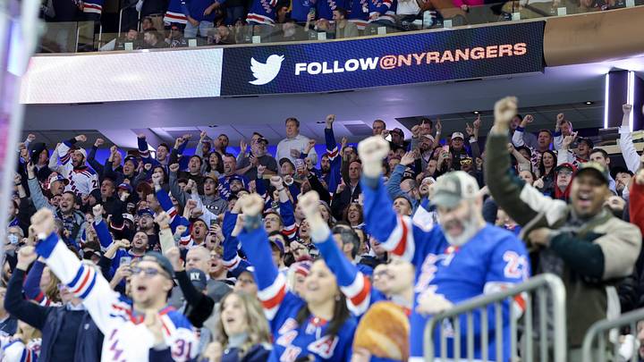 Nov 8, 2022; New York, New York, USA; New York Rangers fans celebrate a goal by New York Rangers center Vincent Trocheck (16) against the New York Islanders during the second period of a game at Madison Square Garden. Mandatory Credit: Jessica Alcheh-USA TODAY Sports